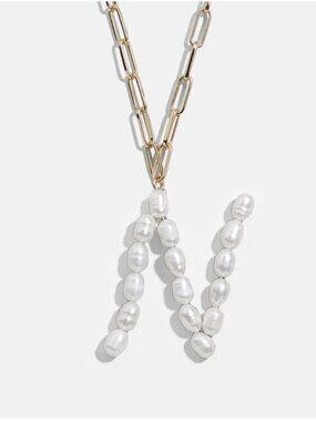 White Beaded Letter Name "N" Initial Paperclip Chain Fashion Necklace